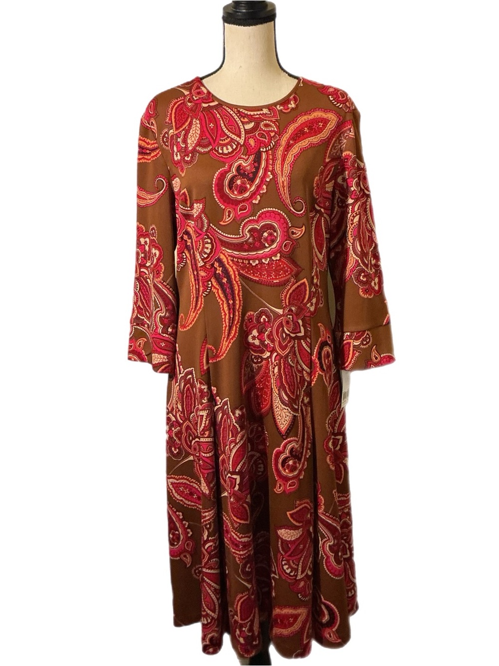 Donna Morgan Dress Size 16 NWT Brown Red Paisley 3/4 Sleeve A-Line Stretch Midi